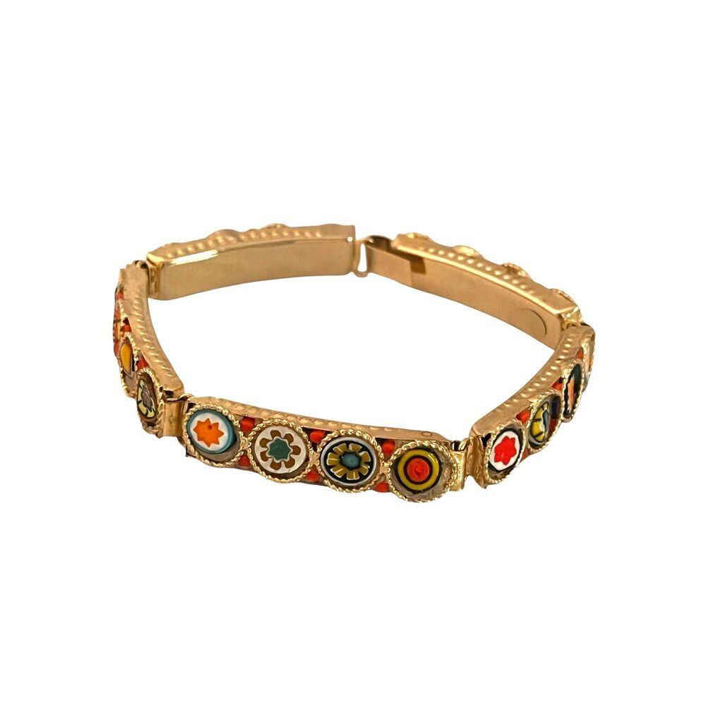 Vintage 1960s Murano Glass Bracelet Millefiori Gold Tone Panel - 5N